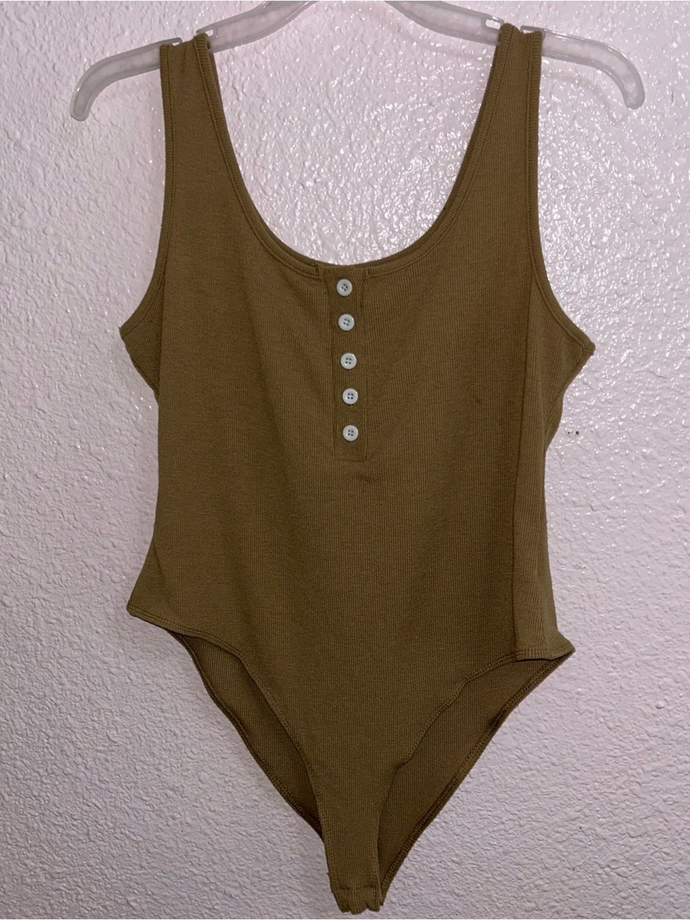 Women's Ribbed Tan One-Piece Bodysuit Tank with Button Front